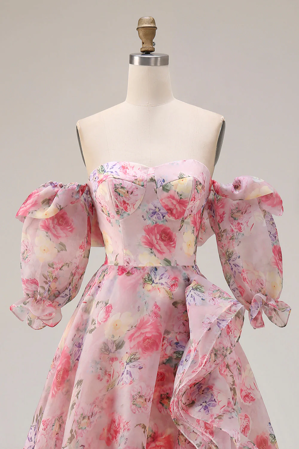 Robe de bal longue en chiffon en mousseline à manches bouffantes rose rose fleurie A Line - Image 4
