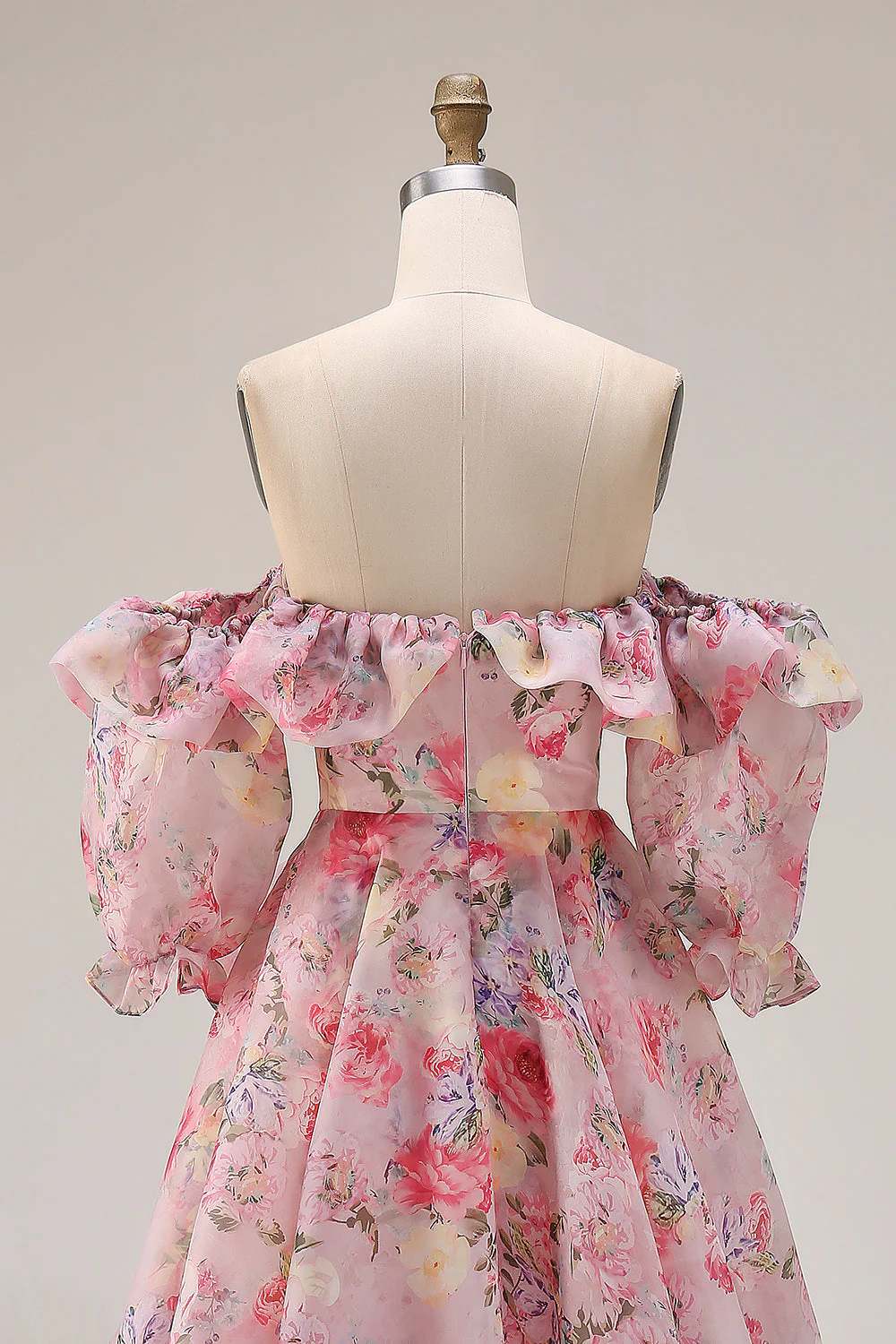 Robe de bal longue en chiffon en mousseline à manches bouffantes rose rose fleurie A Line - Image 5