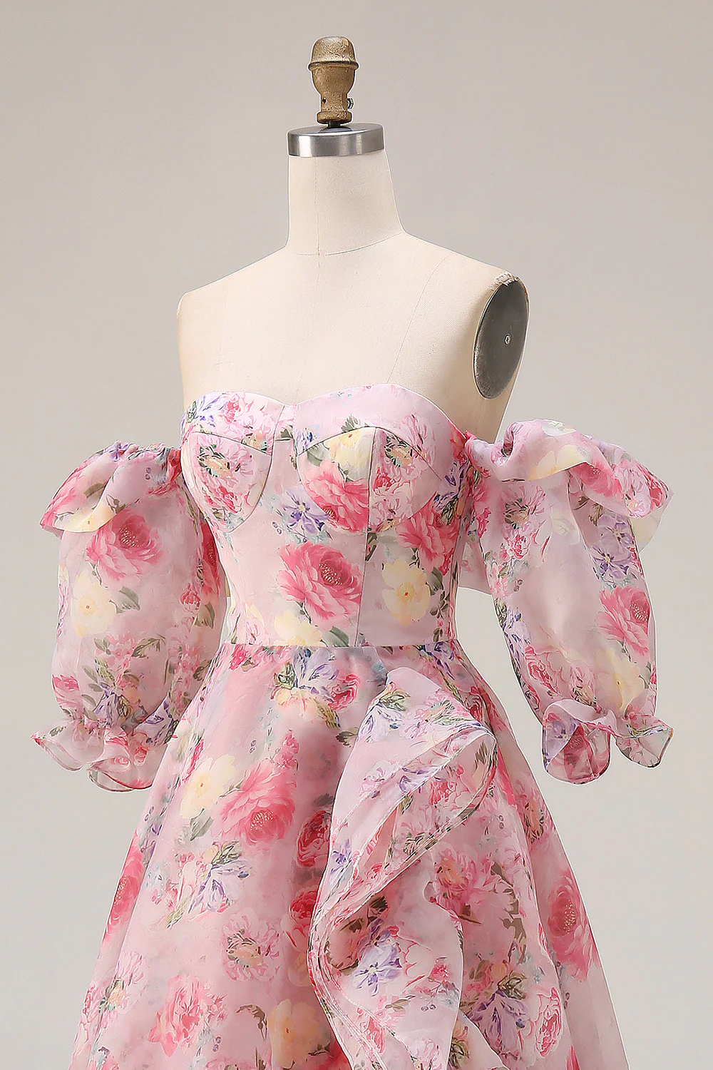 Robe de bal longue en chiffon en mousseline à manches bouffantes rose rose fleurie A Line - Image 6
