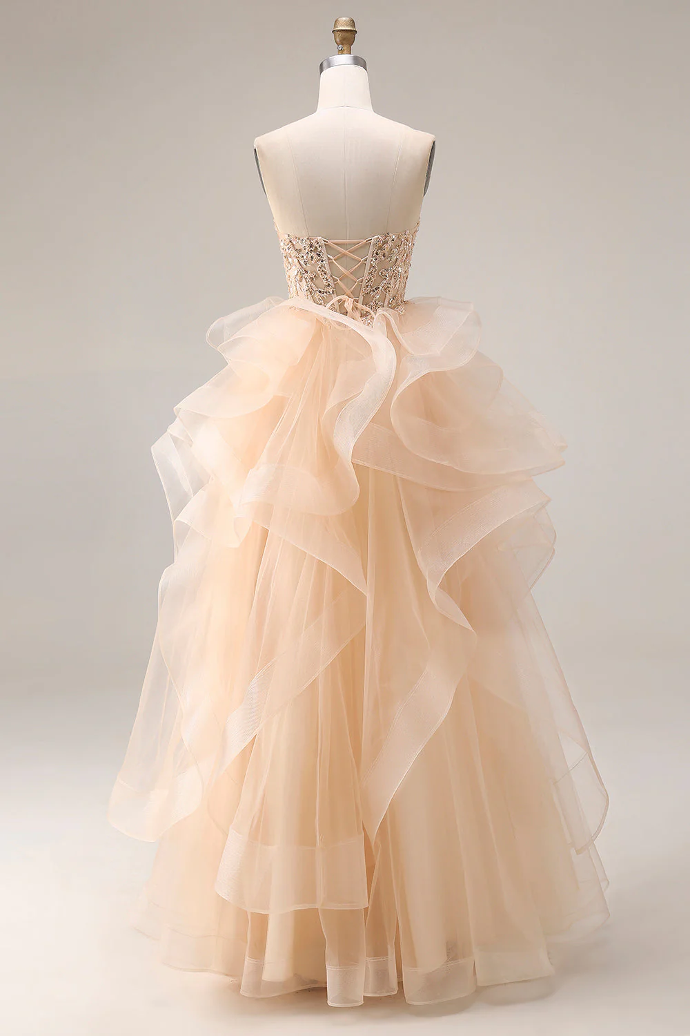 Robe de bal longue en organza sans bretelles en A A-Line au champagne avec volants - Image 2