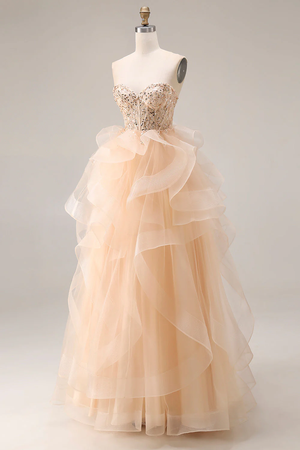 Robe de bal longue en organza sans bretelles en A A-Line au champagne avec volants - Image 3