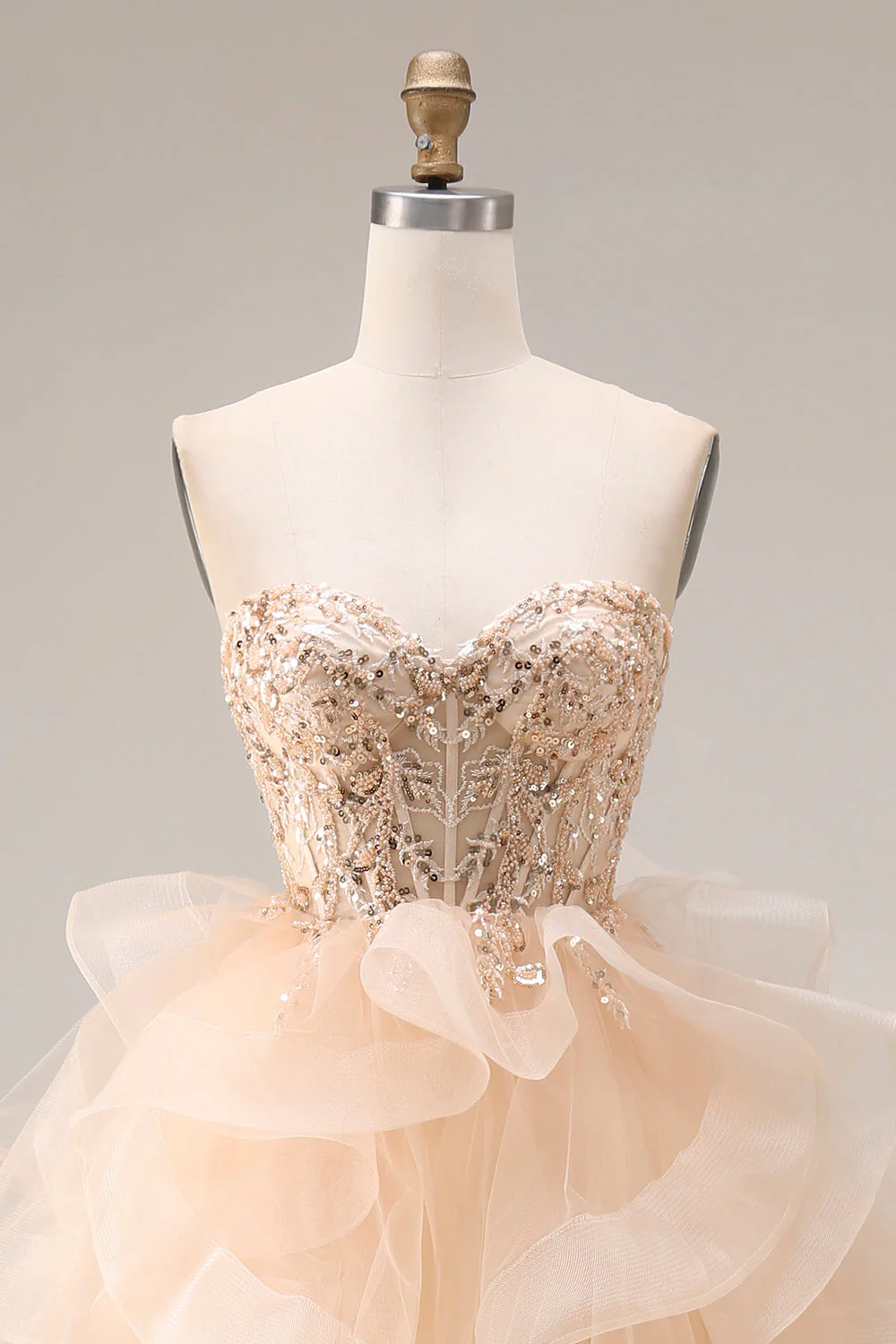 Robe de bal longue en organza sans bretelles en A A-Line au champagne avec volants - Image 4