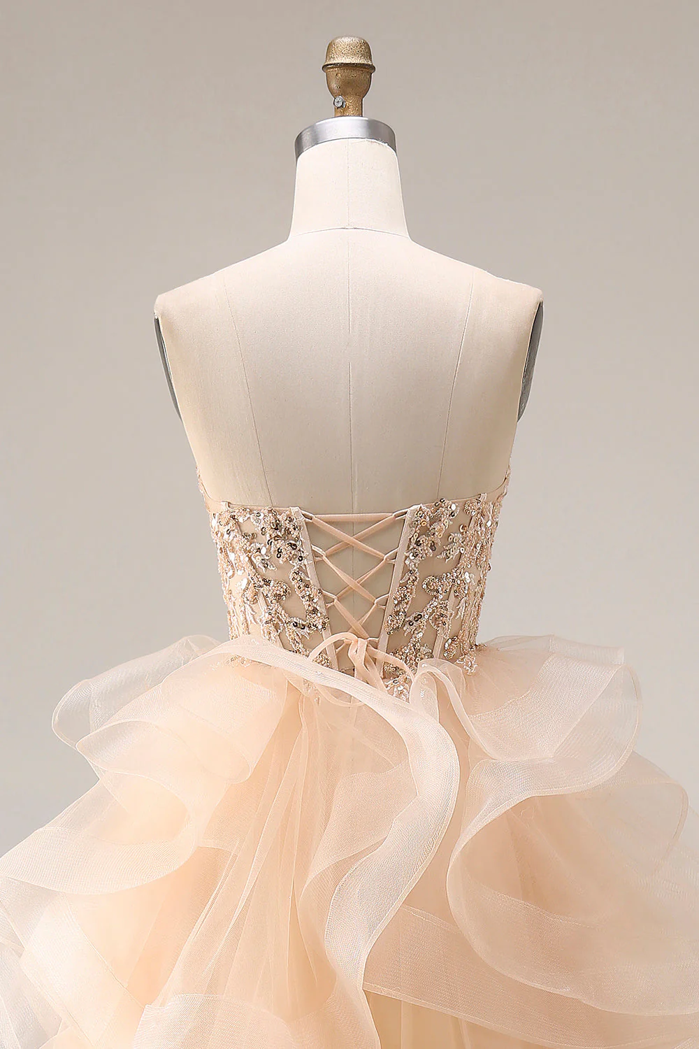 Robe de bal longue en organza sans bretelles en A A-Line au champagne avec volants - Image 5