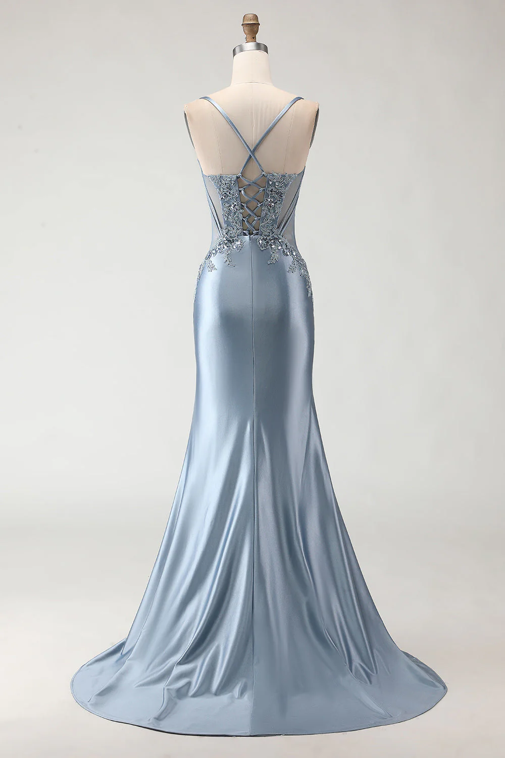 Robe de bal longue en satin appliquée à bretelles de sirène gris-bleu avec fente - Image 2