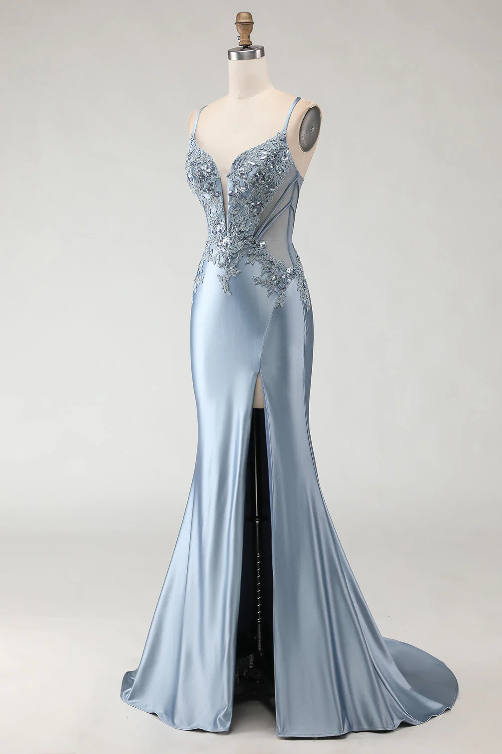 Robe de bal longue en satin appliquée à bretelles de sirène gris-bleu avec fente - Image 3