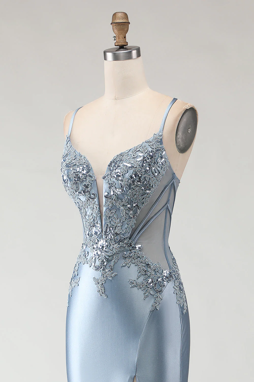 Robe de bal longue en satin appliquée à bretelles de sirène gris-bleu avec fente - Image 6