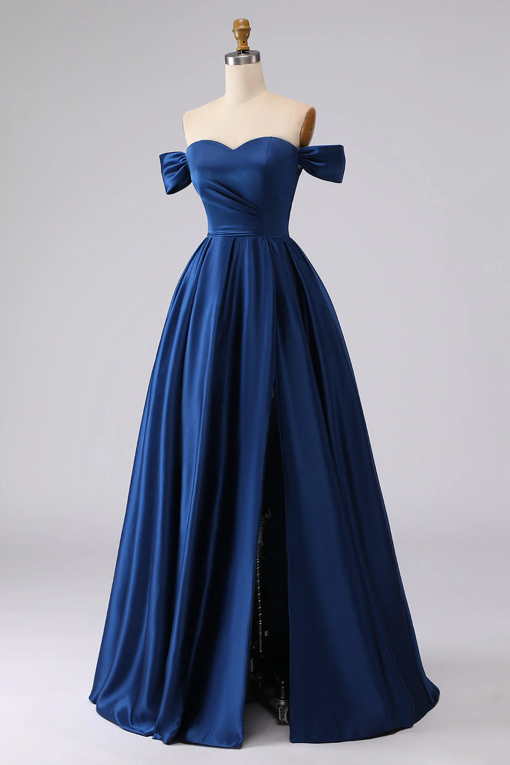 Robe de bal longue en satin bleu marine à la ligne A avec fente - Image 3