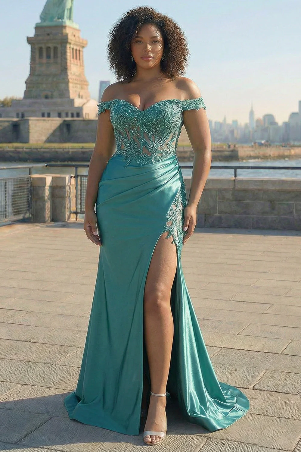 Robe de bal longue en satin grande taille satin vert foncé sirène vert foncé avec fente - Image 5
