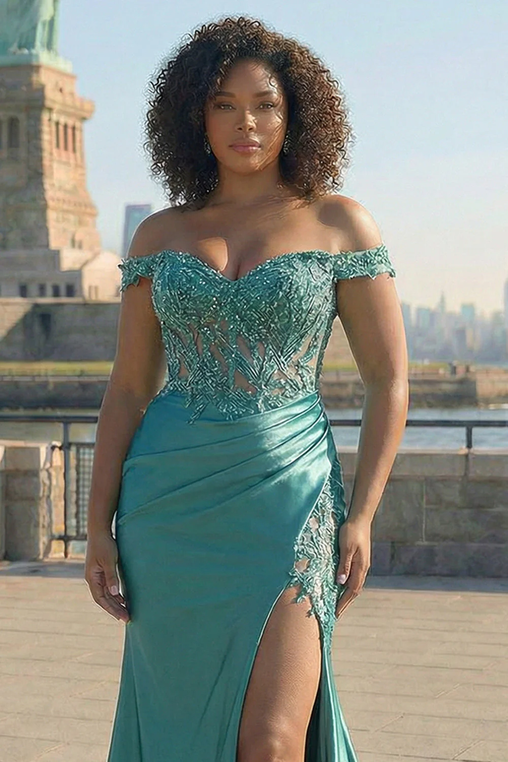Robe de bal longue en satin grande taille satin vert foncé sirène vert foncé avec fente - Image 7