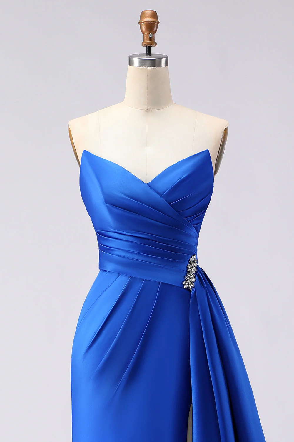 Robe de bal longue en satin perlée en sirène bleu royal avec fente - Image 4