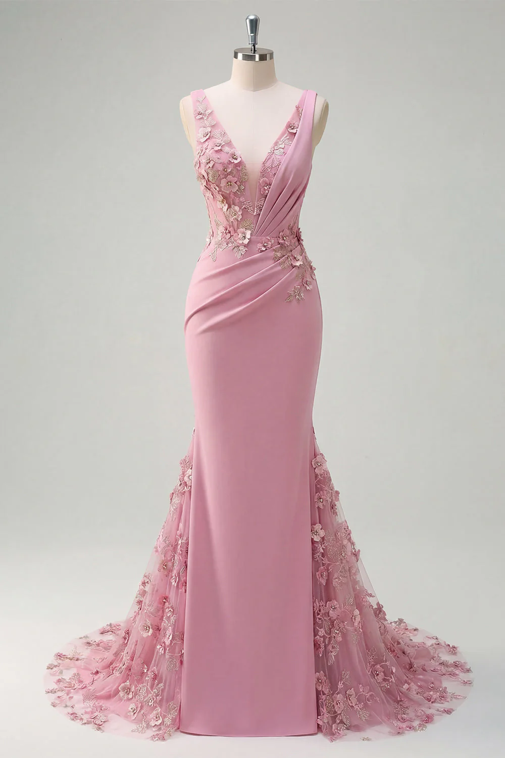 Robe de bal longue en taro sirène, col en V et fleurs 3D appliquées