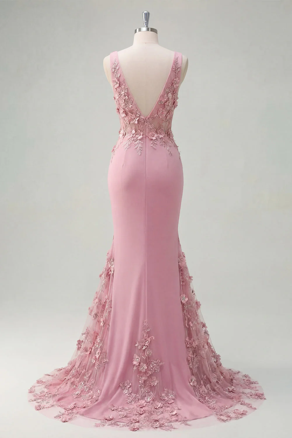 Robe de bal longue en taro sirène, col en V et fleurs 3D appliquées - Image 2