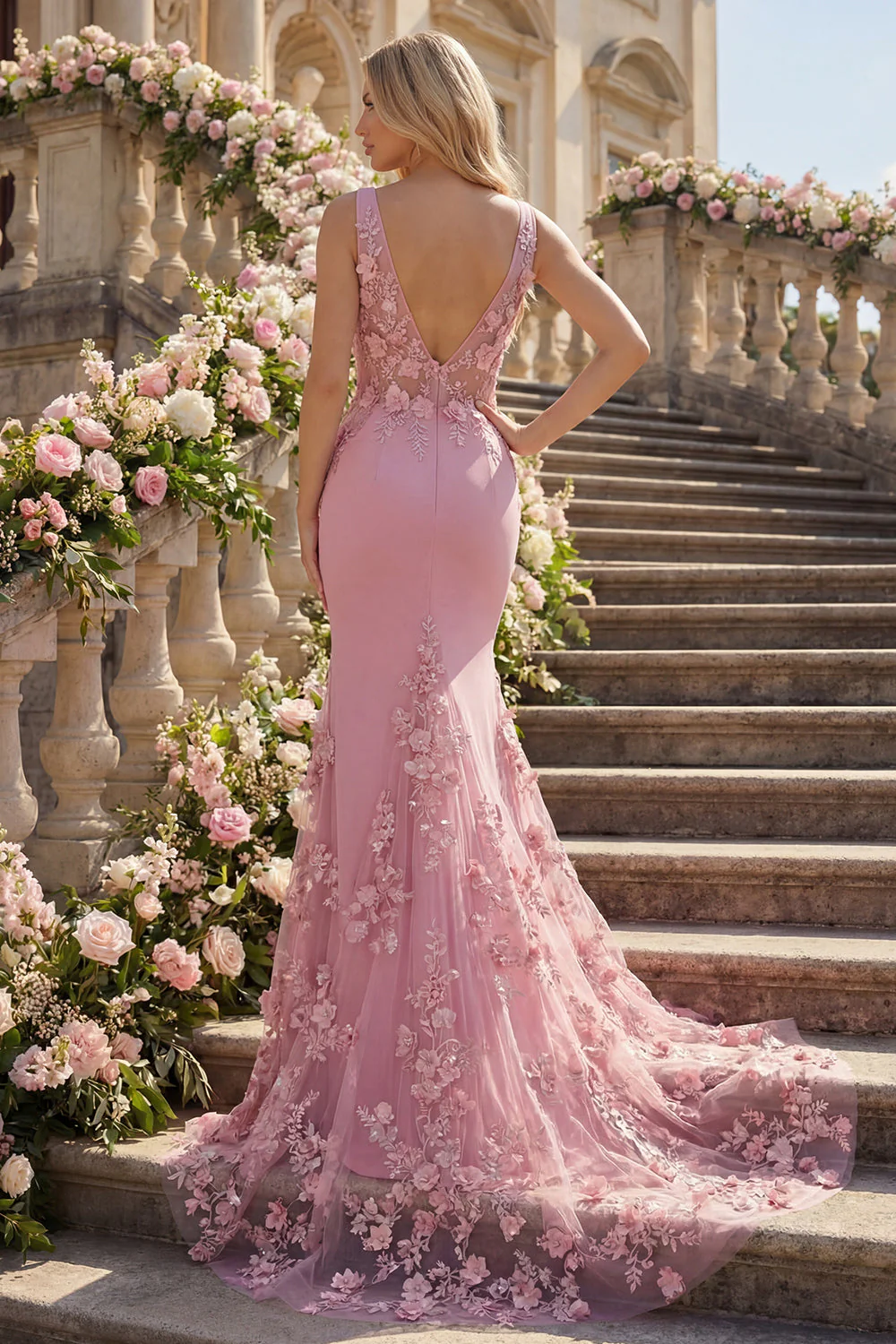 Robe de bal longue en taro sirène, col en V et fleurs 3D appliquées - Image 4