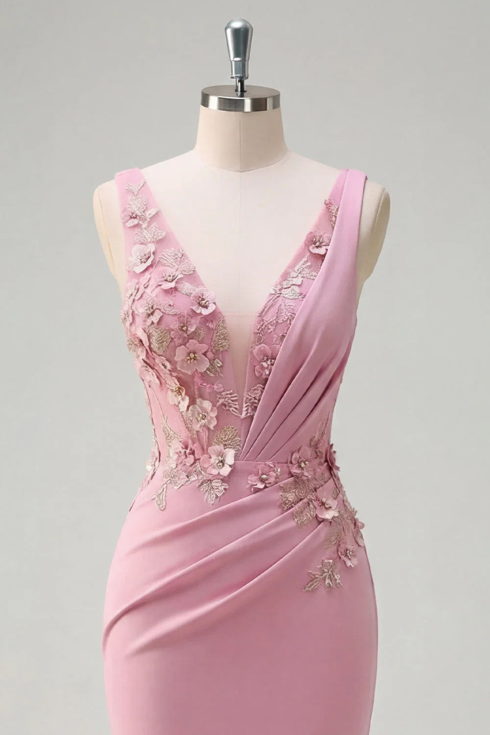 Robe de bal longue en taro sirène, col en V et fleurs 3D appliquées - Image 5