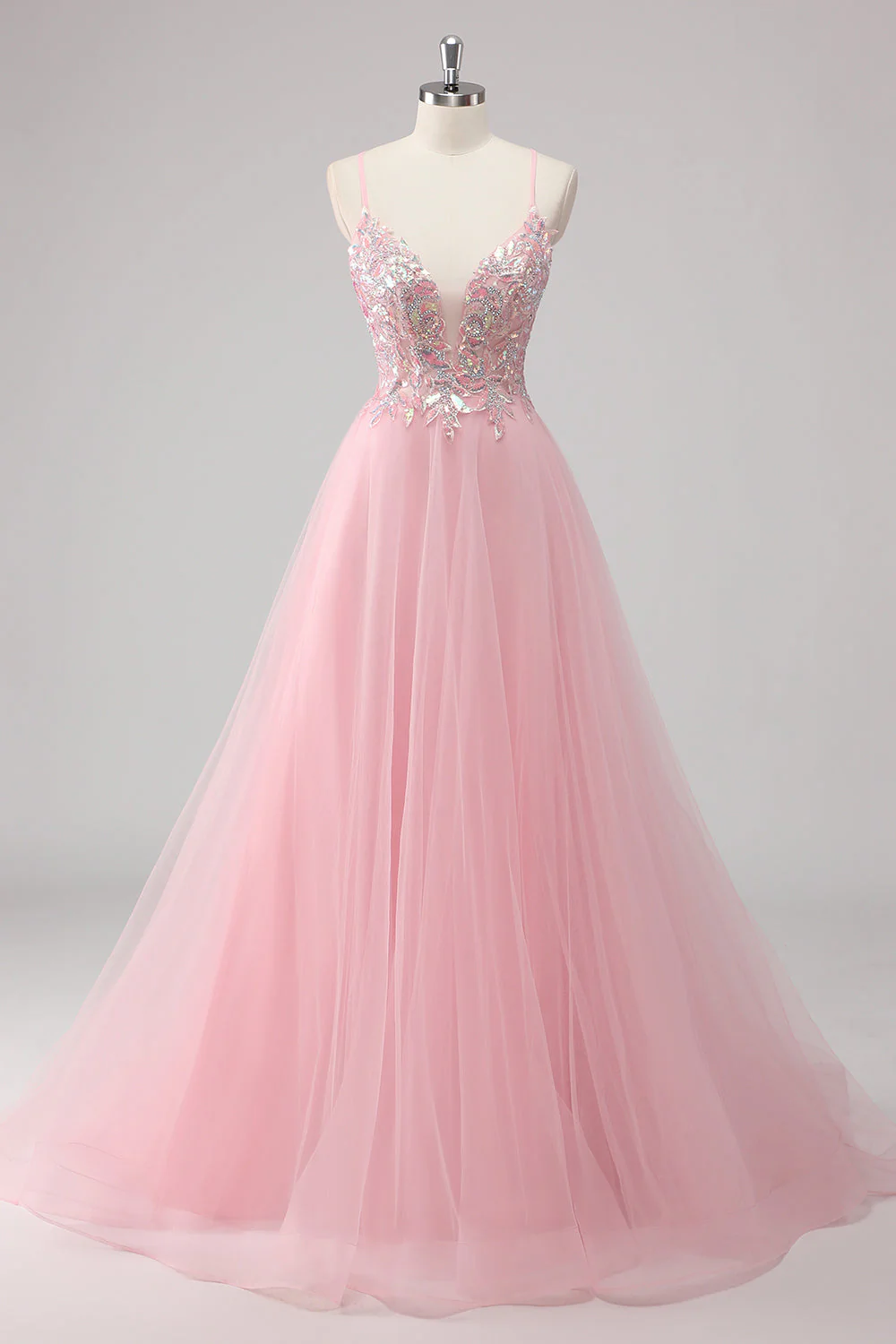 Robe de soirée longue en tulle à bretelles spaghetti rose A-ligne avec appliques à paillettes