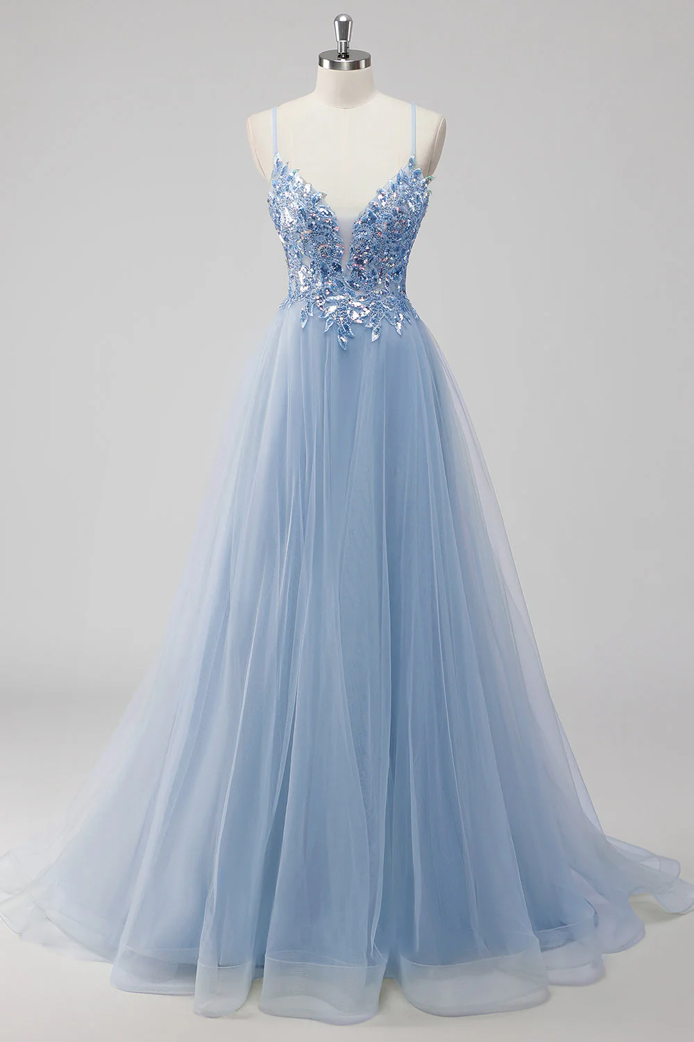 Robe de soirée longue en tulle à bretelles spaghetti rose A-ligne avec appliques à paillettes - Image 7