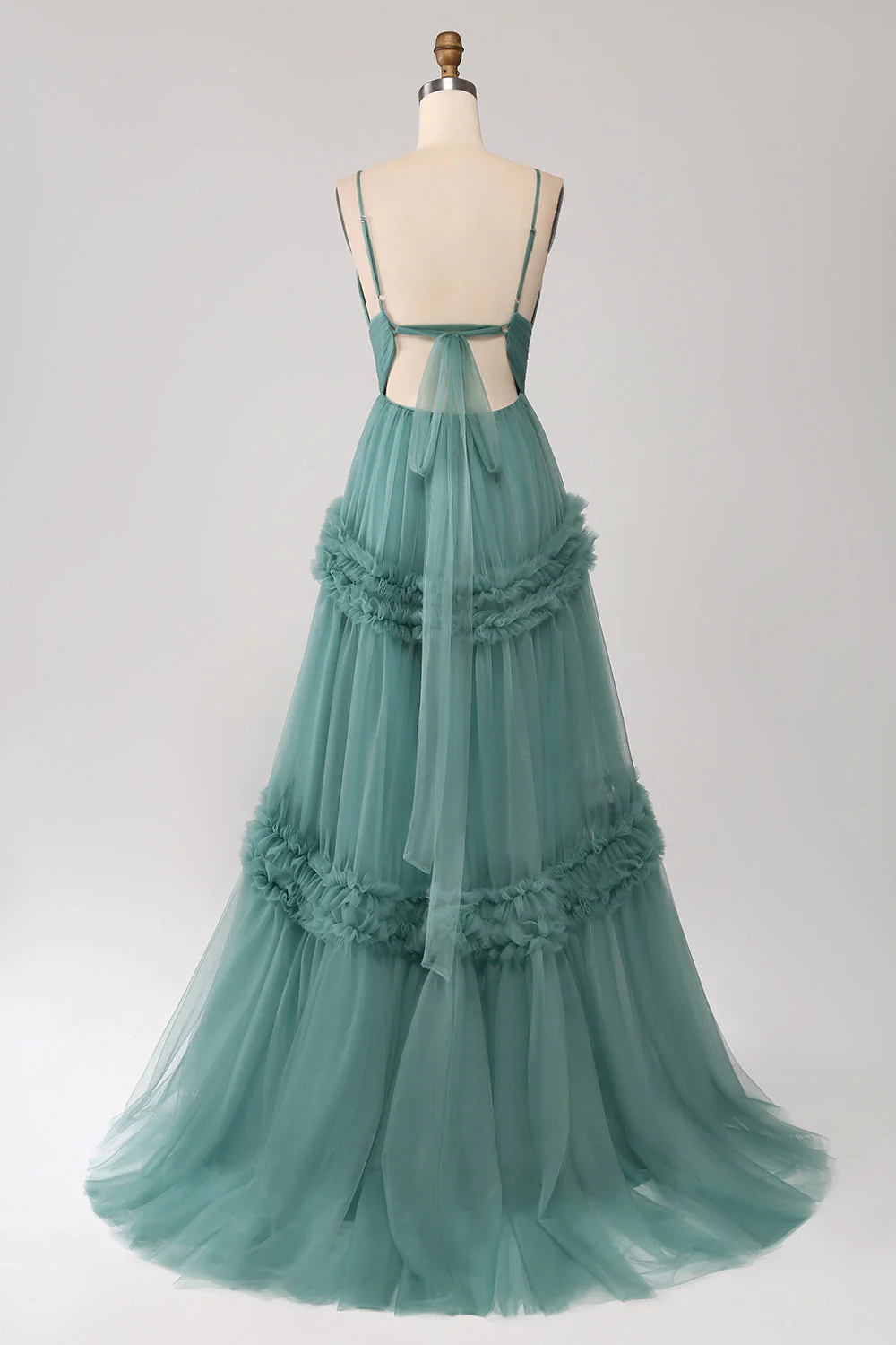 Robe de bal longue en tulle à bretelles spaghetti vert avec volants - Image 2