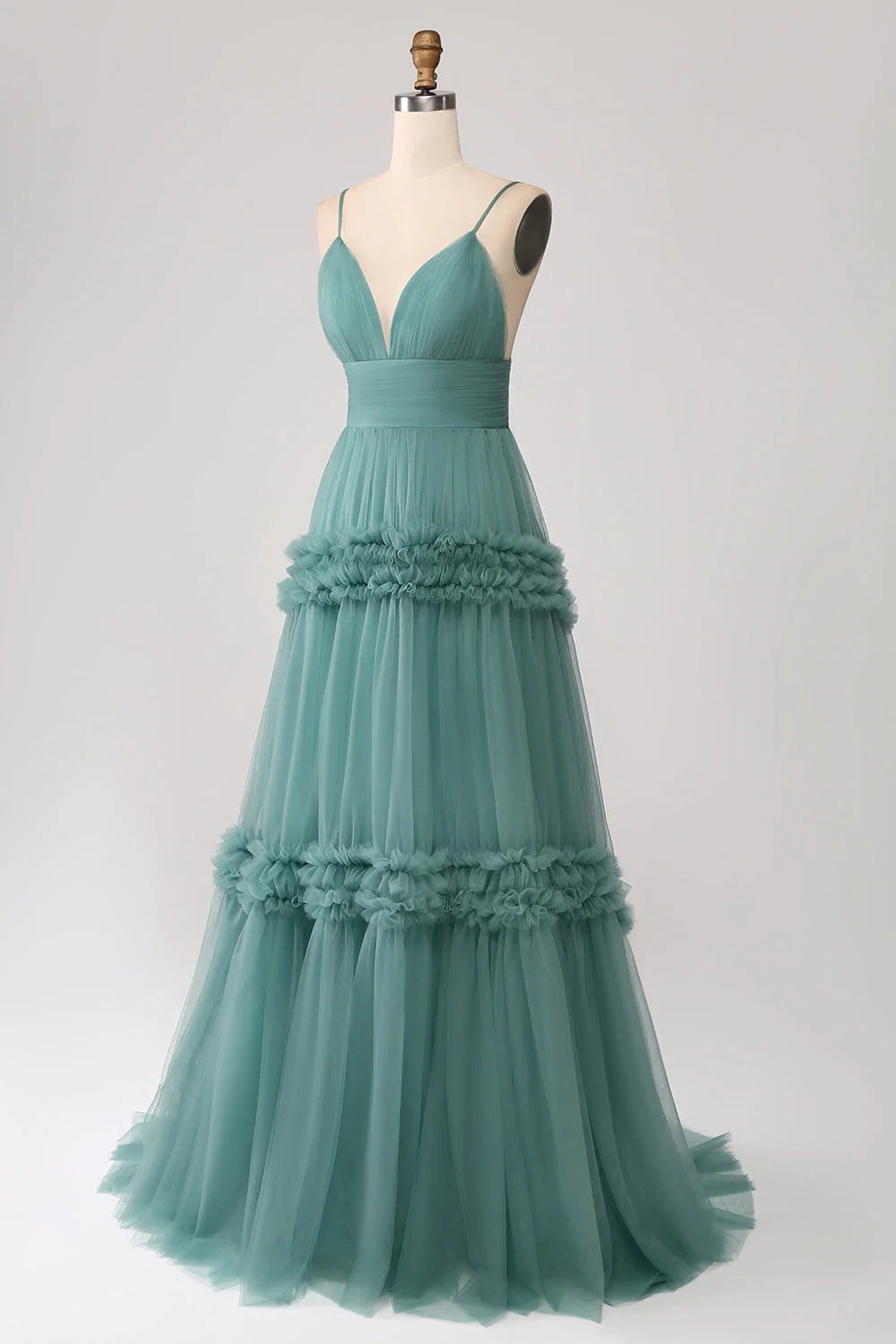 Robe de bal longue en tulle à bretelles spaghetti vert avec volants - Image 3