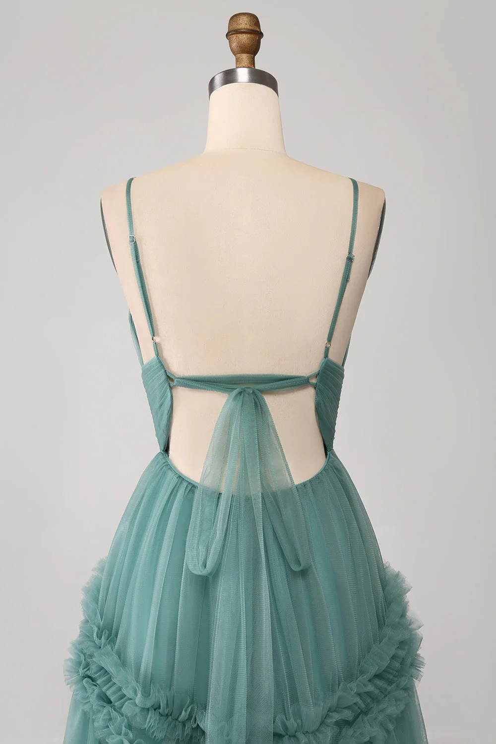 Robe de bal longue en tulle à bretelles spaghetti vert avec volants - Image 5