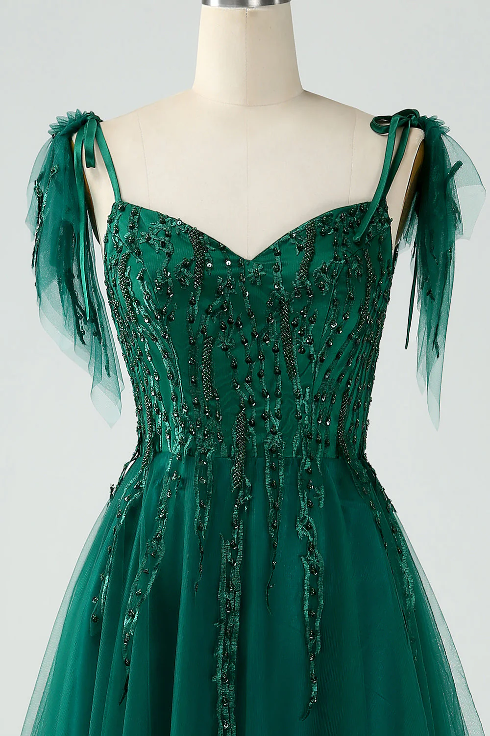 A-ligne Spaghetti Bretelles Robe de Soirée vert foncé avec perles - Image 8