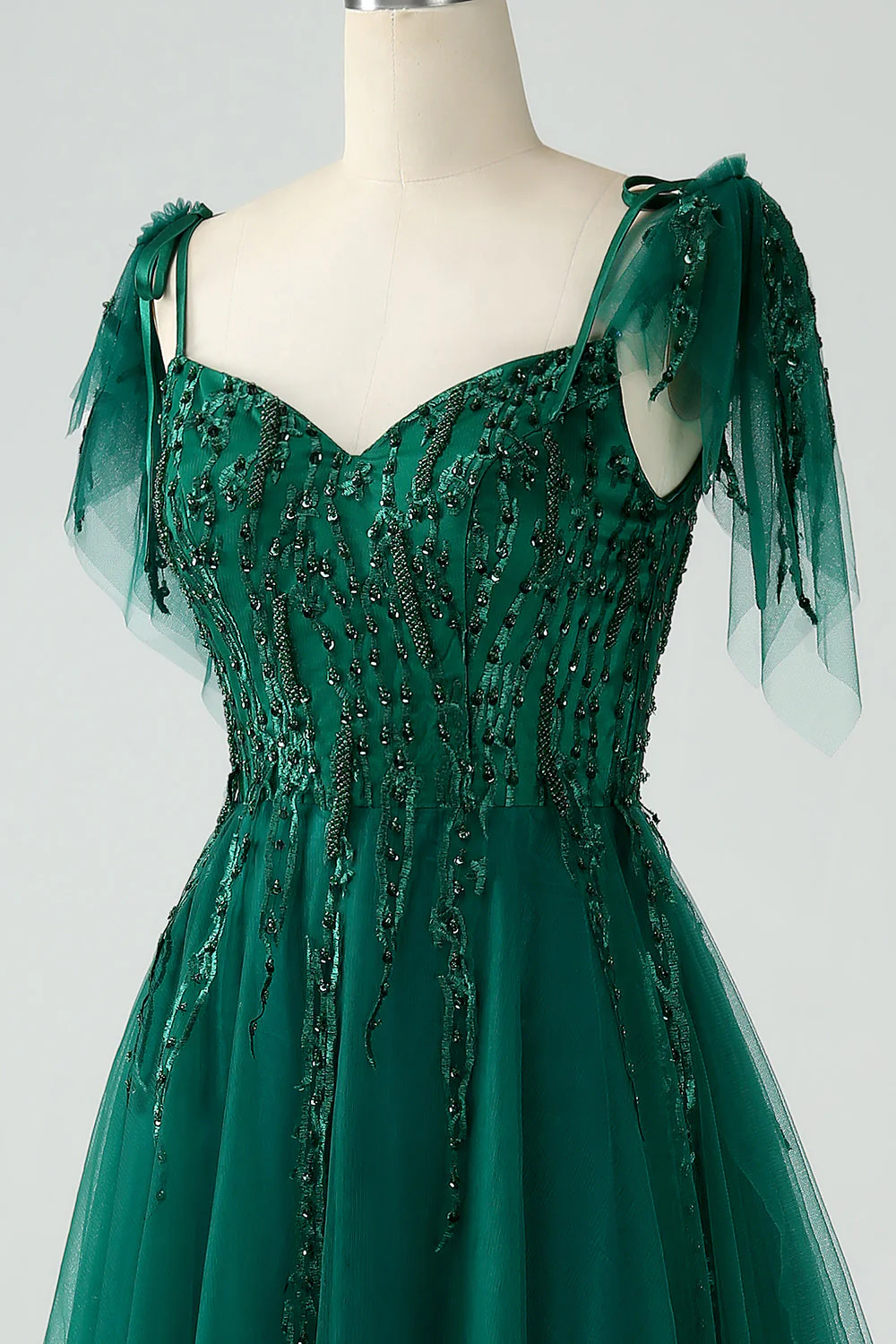 A-ligne Spaghetti Bretelles Robe de Soirée vert foncé avec perles - Image 10