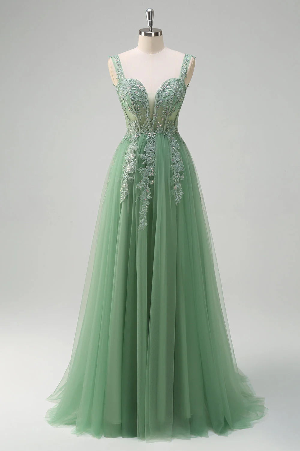 Robe de soirée longue en tulle à bretelles spaghetti vertes avec appliques