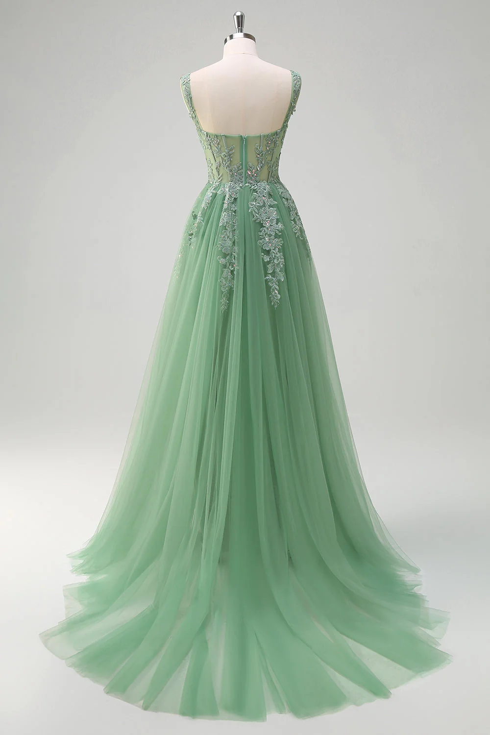 Robe de soirée longue en tulle à bretelles spaghetti vertes avec appliques - Image 2