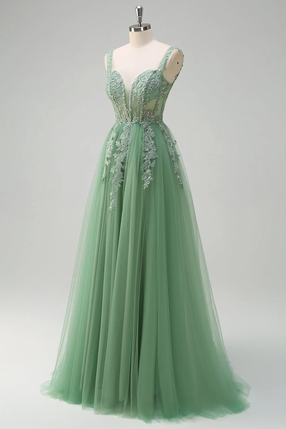 Robe de soirée longue en tulle à bretelles spaghetti vertes avec appliques - Image 3