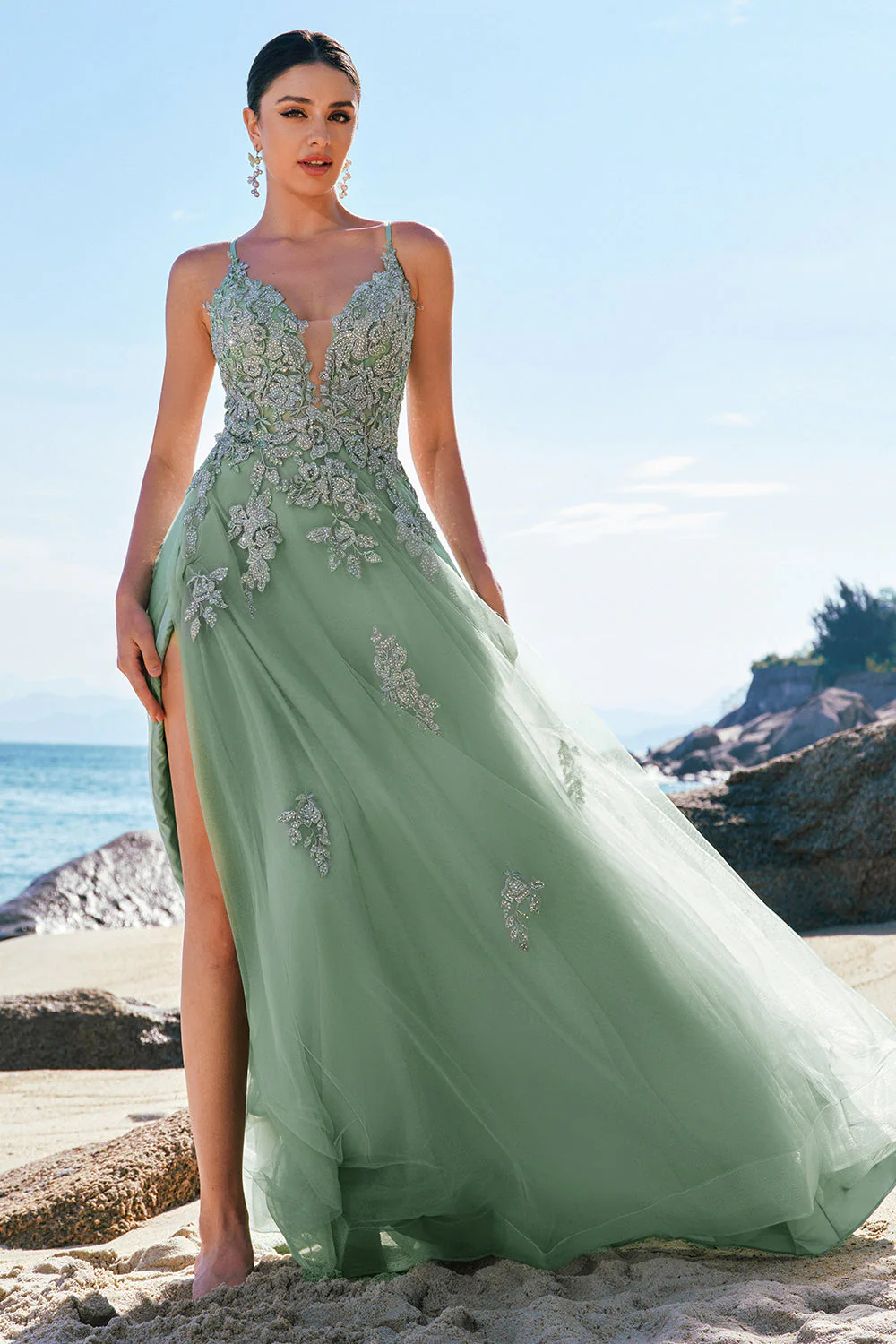 Une ligne Spaghetti Strats Vert foncé Robe de Soirée longue avec Criss Cross Back - Image 14