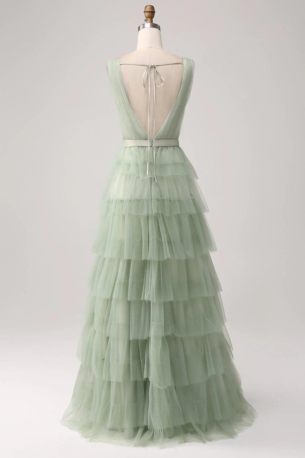 Robe de Soirée verte plissée à plusieurs niveaux avec fente - Image 2