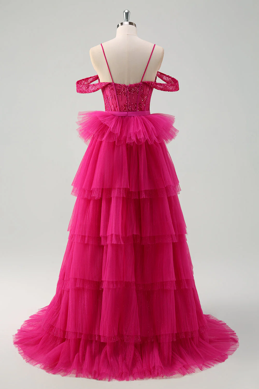 Robe de bal longue en tulle a-ligne à épaules dénudées rose vif avec appliques - Image 2