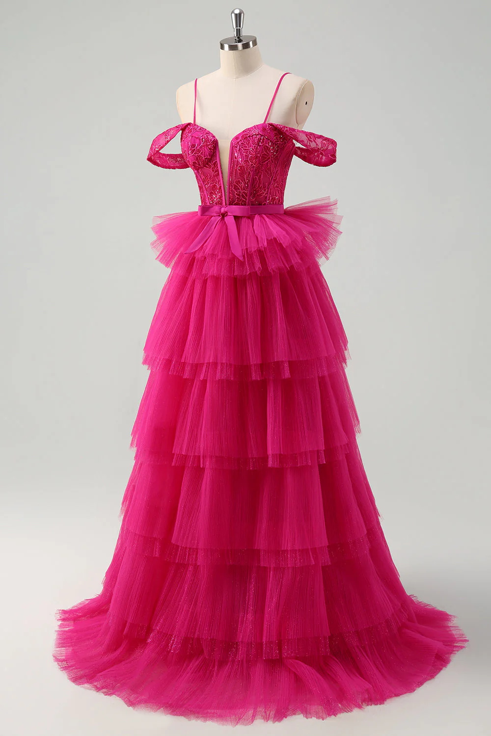Robe de bal longue en tulle a-ligne à épaules dénudées rose vif avec appliques - Image 3