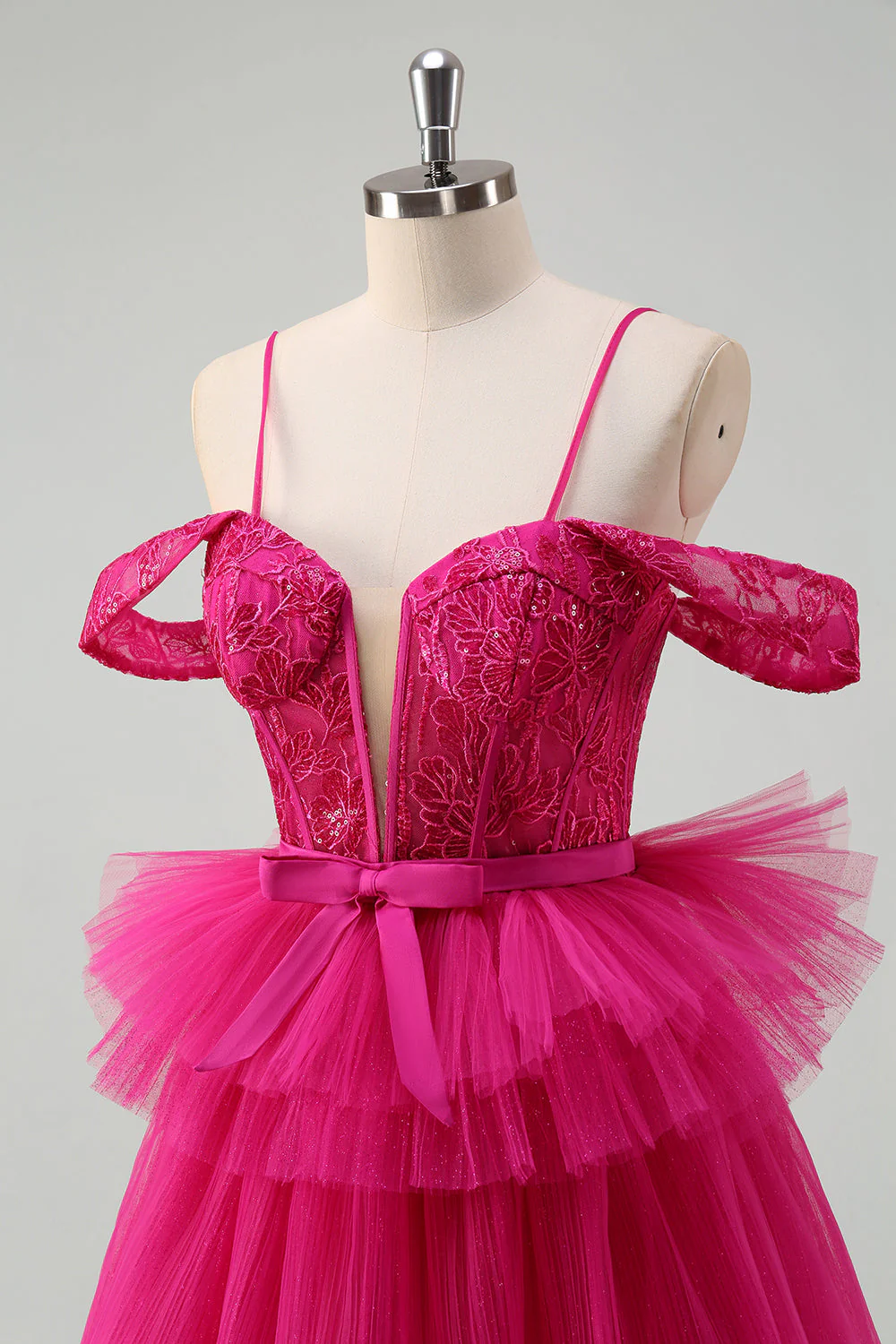 Robe de bal longue en tulle a-ligne à épaules dénudées rose vif avec appliques - Image 6