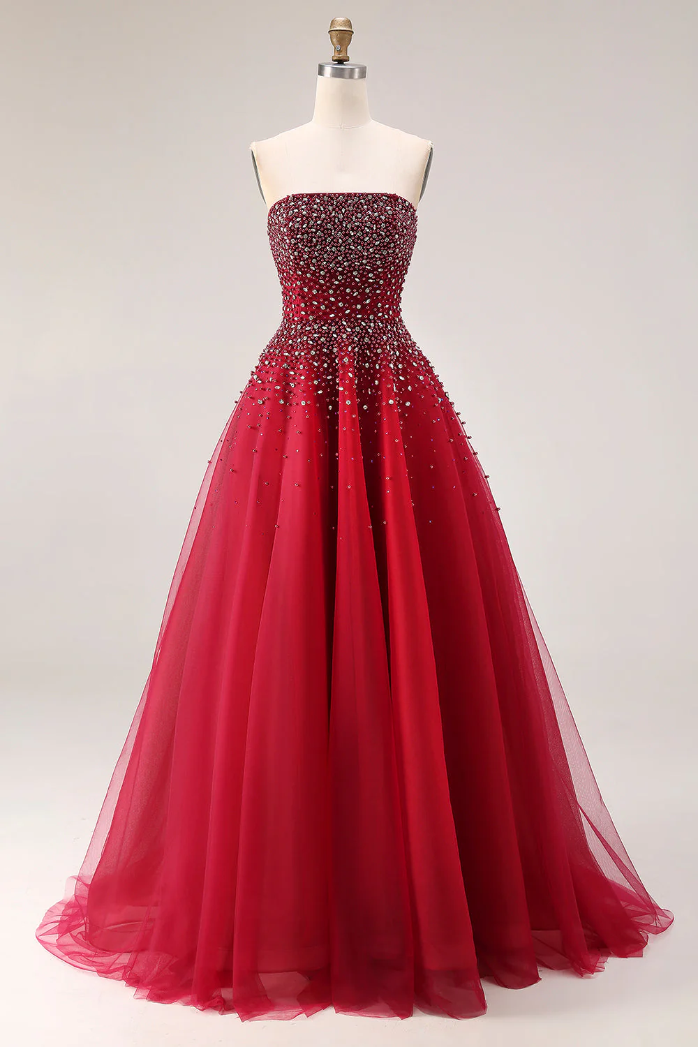 Robe de bal longue en tulle A-Line sans bretelles rouge avec perles