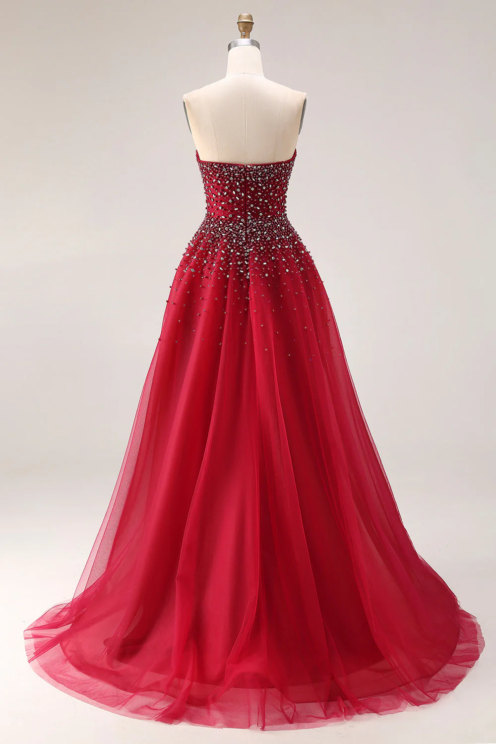 Robe de bal longue en tulle A-Line sans bretelles rouge avec perles - Image 2
