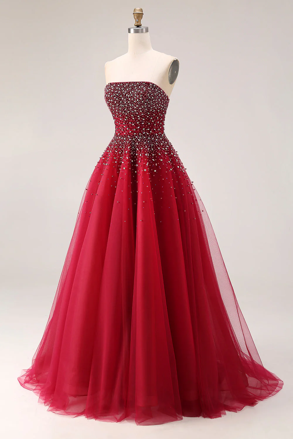 Robe de bal longue en tulle A-Line sans bretelles rouge avec perles - Image 3