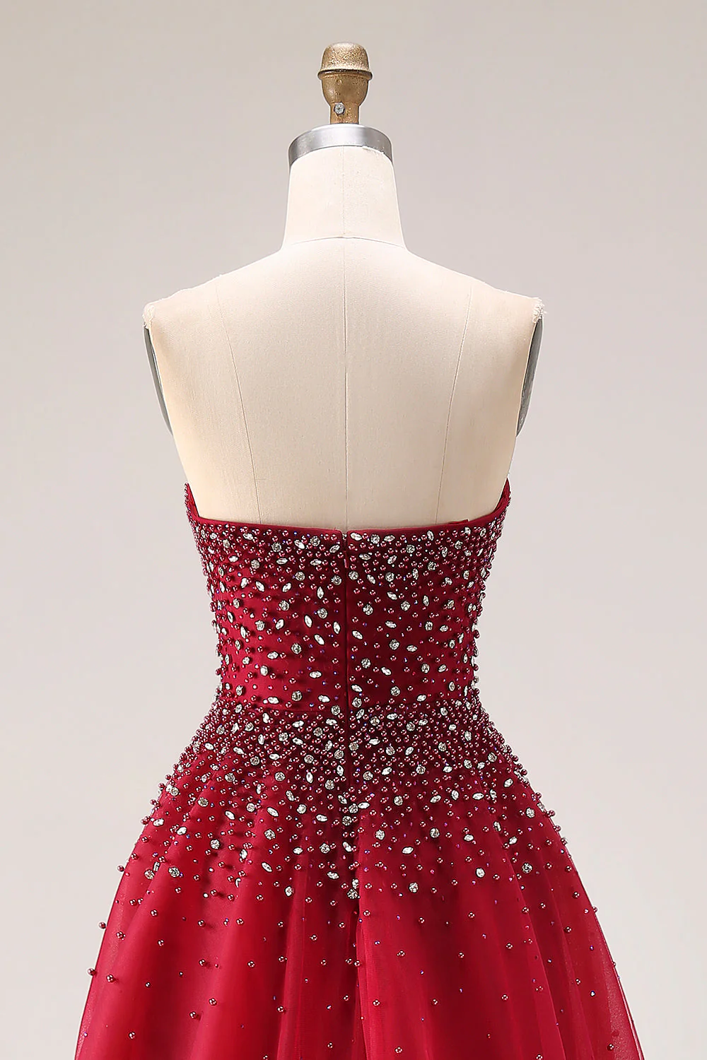 Robe de bal longue en tulle A-Line sans bretelles rouge avec perles - Image 5