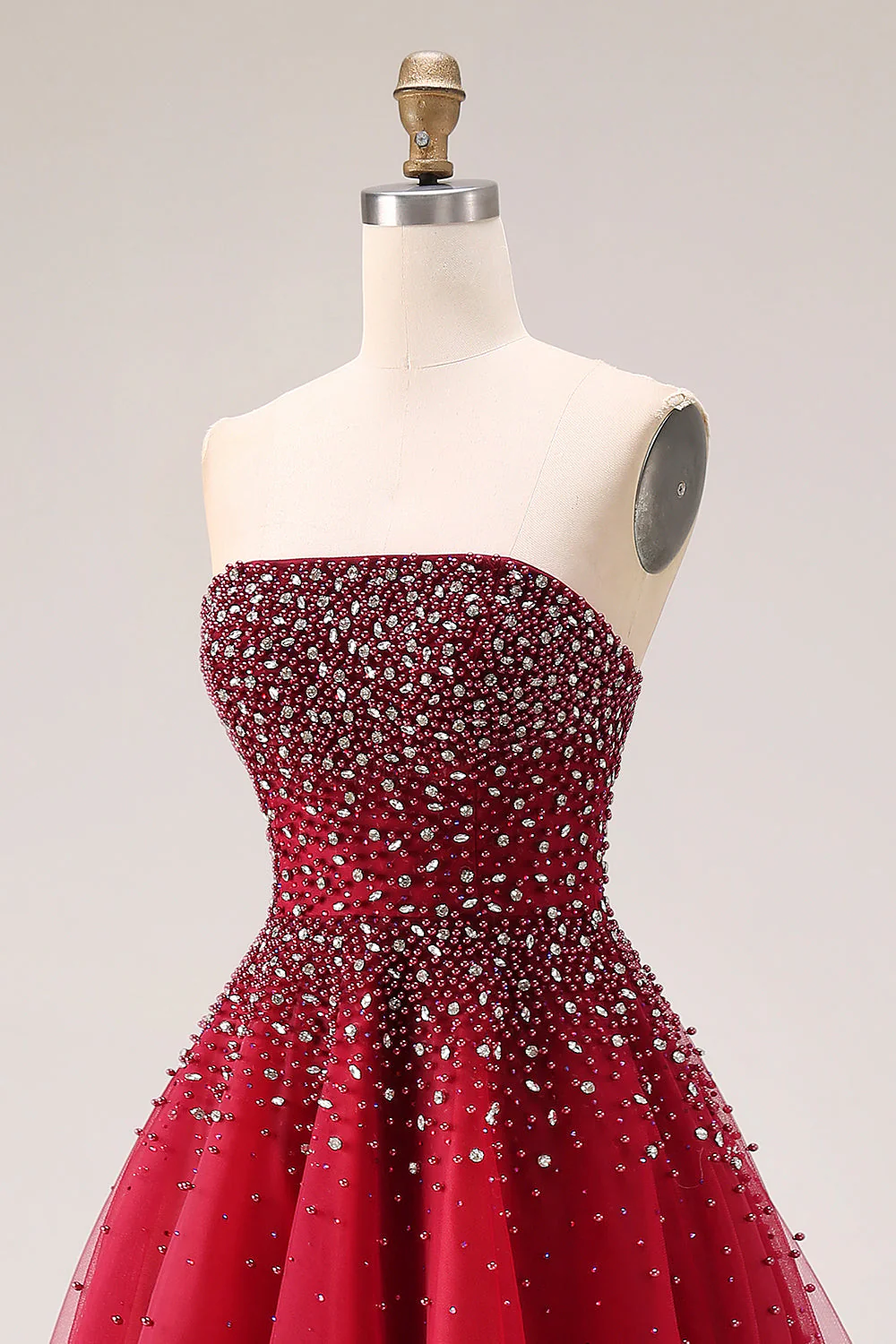 Robe de bal longue en tulle A-Line sans bretelles rouge avec perles - Image 6