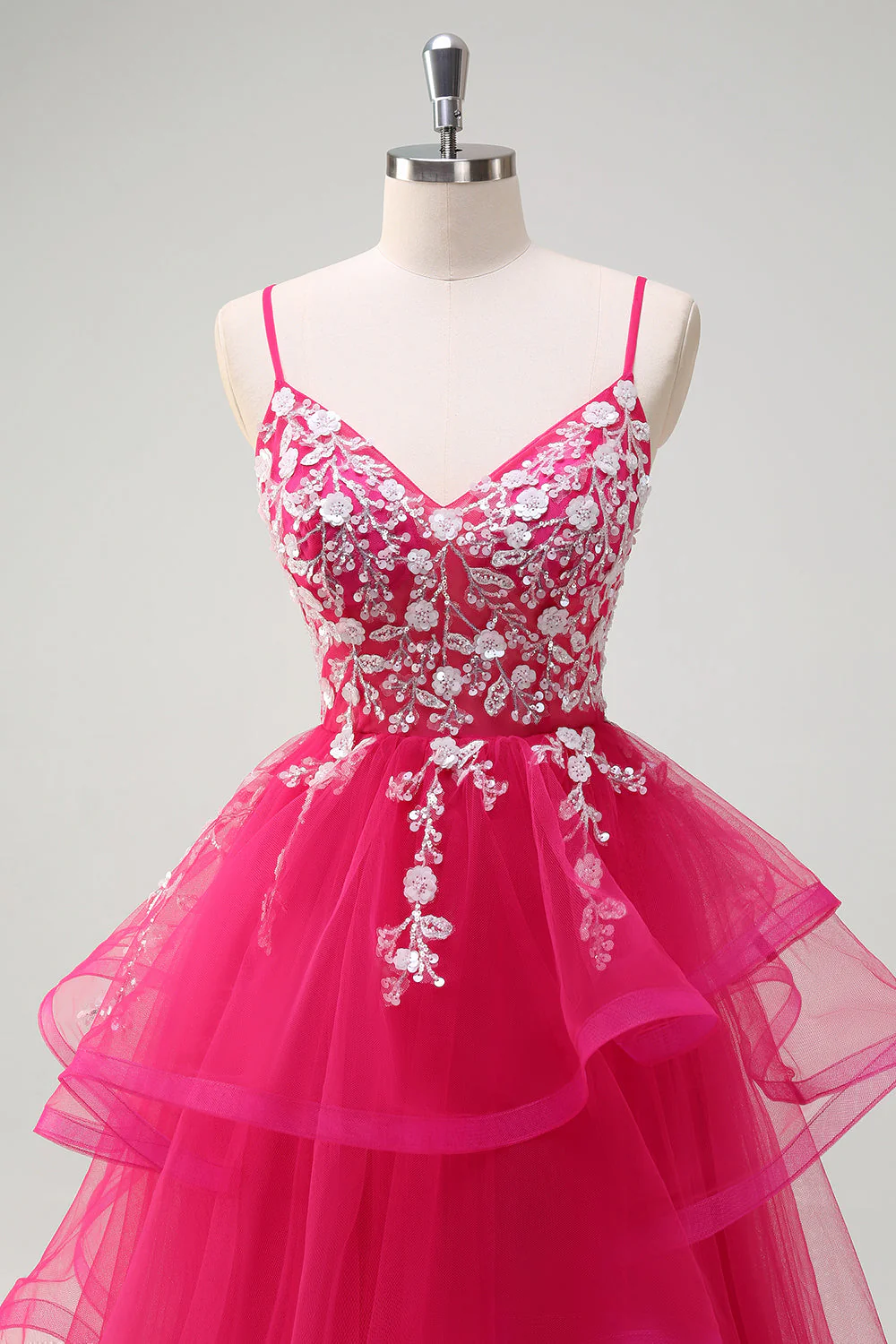 Robe de Soirée longue en tulle à volants à bretelles spaghetti trapèze scintillante avec appliques - Image 4