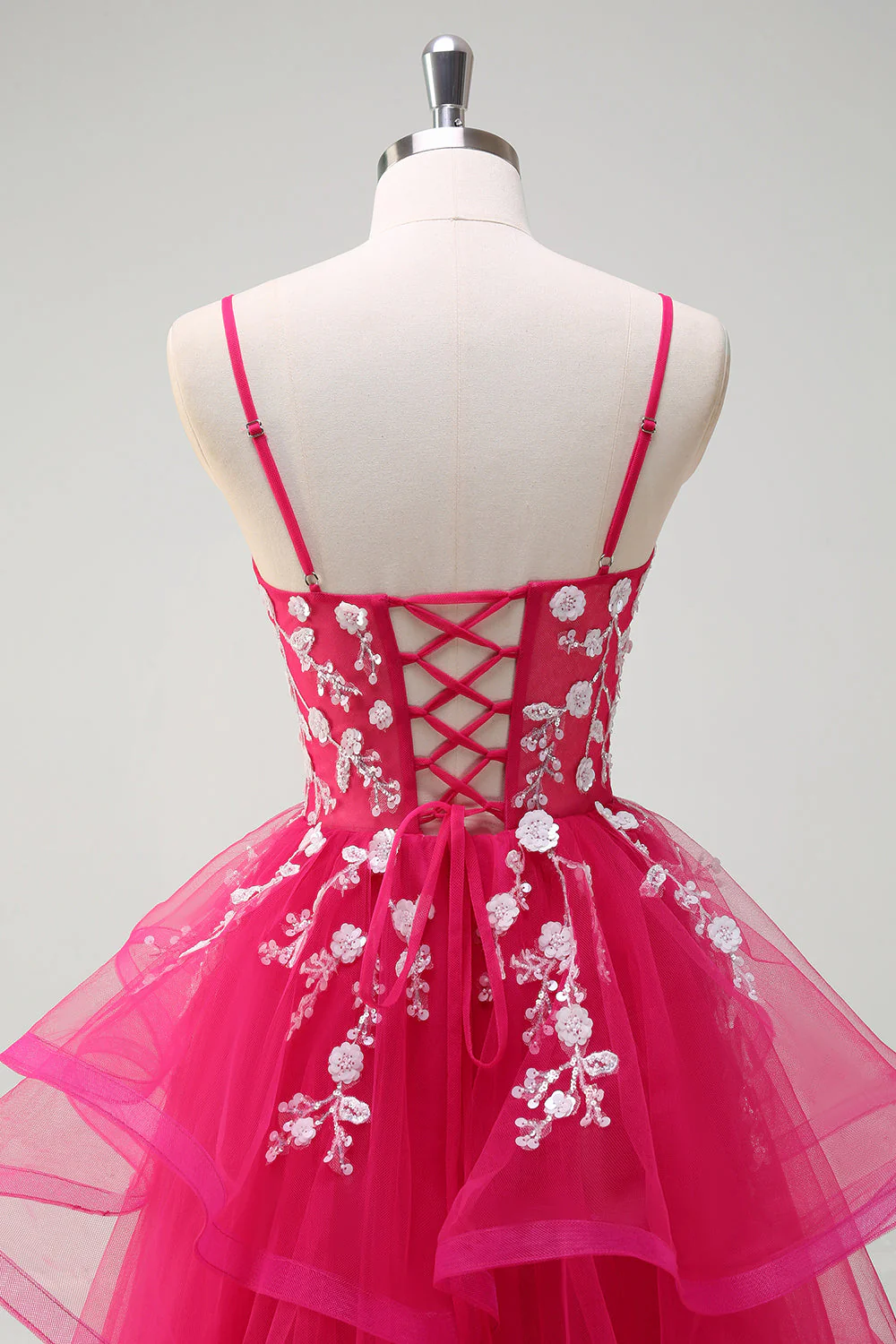 Robe de Soirée longue en tulle à volants à bretelles spaghetti trapèze scintillante avec appliques - Image 5