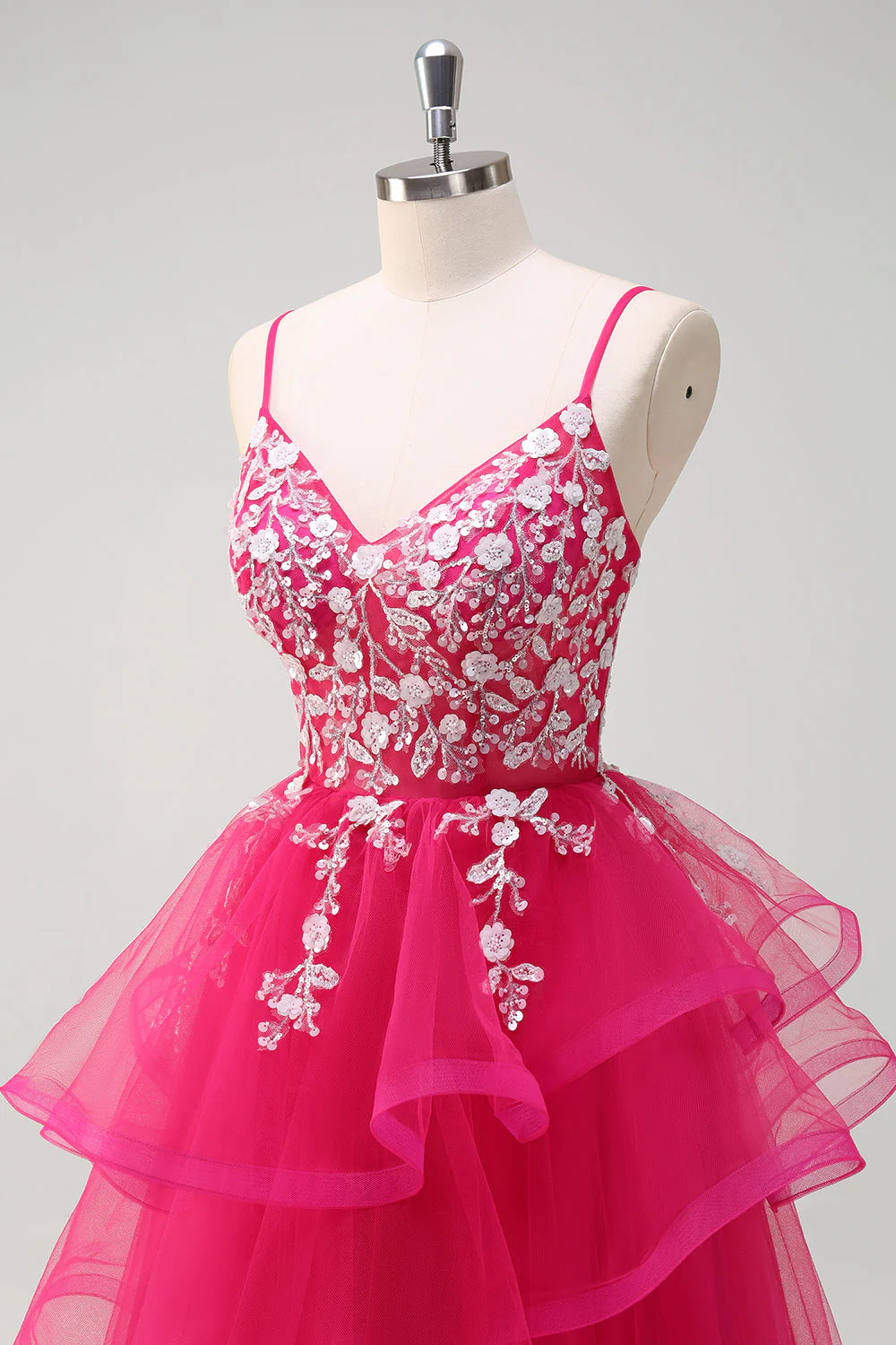Robe de Soirée longue en tulle à volants à bretelles spaghetti trapèze scintillante avec appliques - Image 6