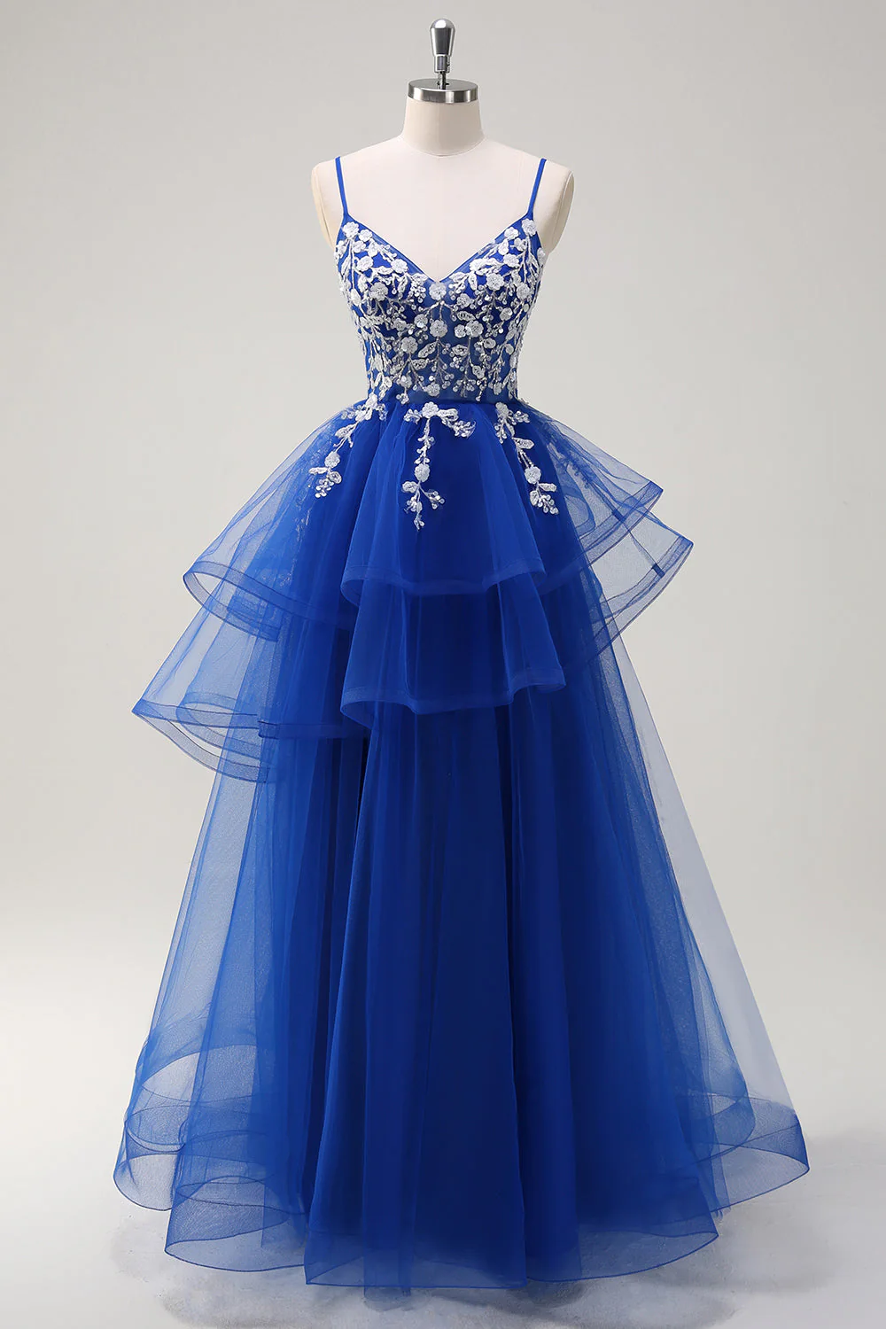 Robe de Soirée longue en tulle à volants à bretelles spaghetti trapèze scintillante avec appliques - Image 7