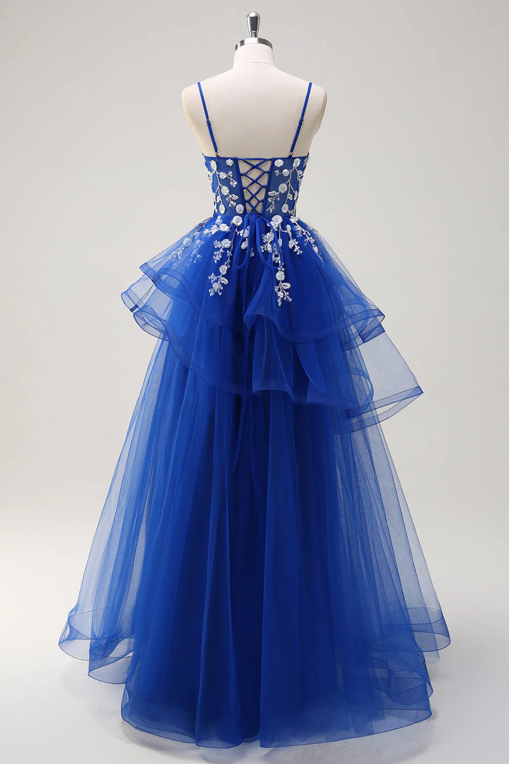 Robe de Soirée longue en tulle à volants à bretelles spaghetti trapèze scintillante avec appliques - Image 8