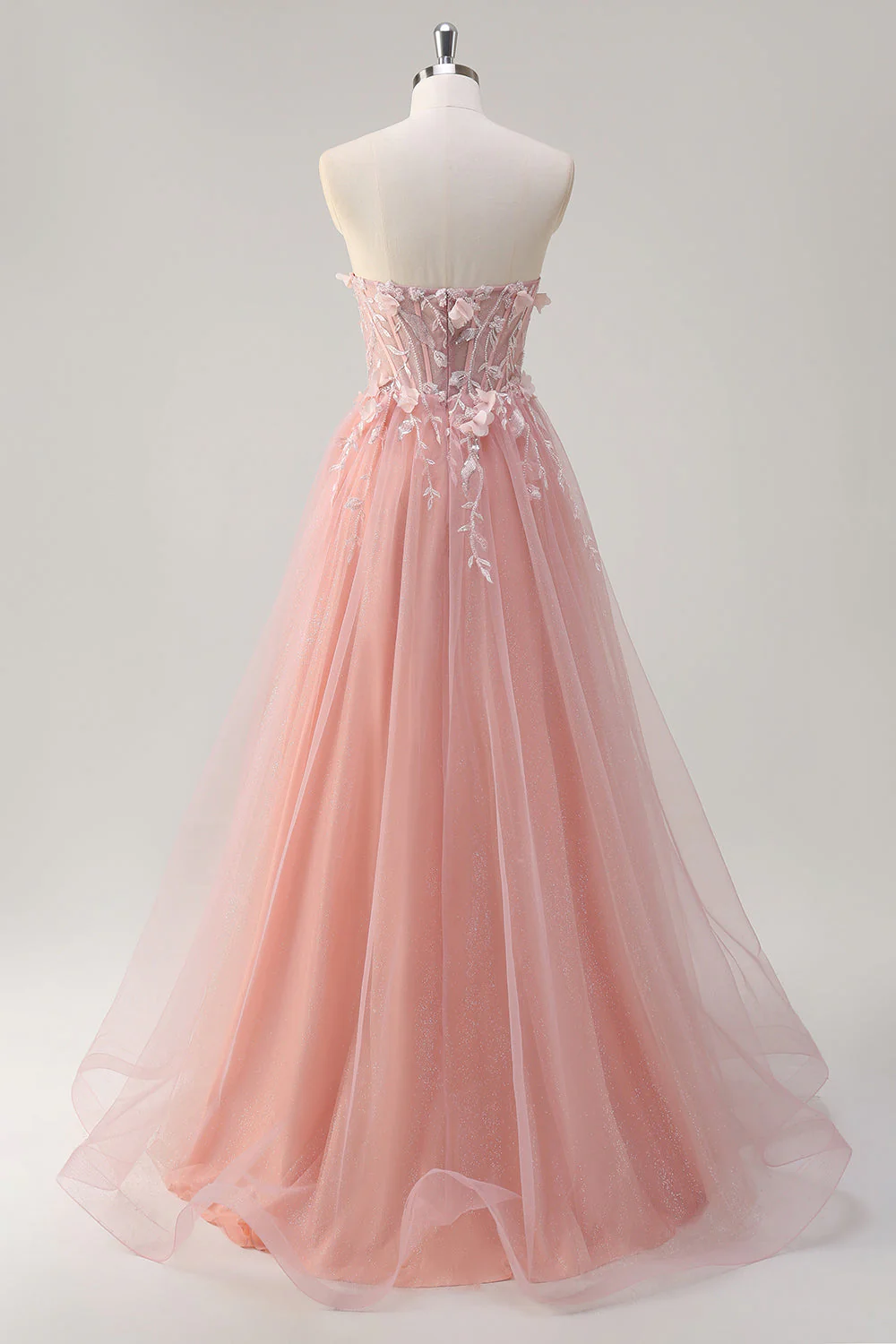 Robe de bal longue en tulle corset à fleurs trapèze rose scintillant avec fente - Image 2