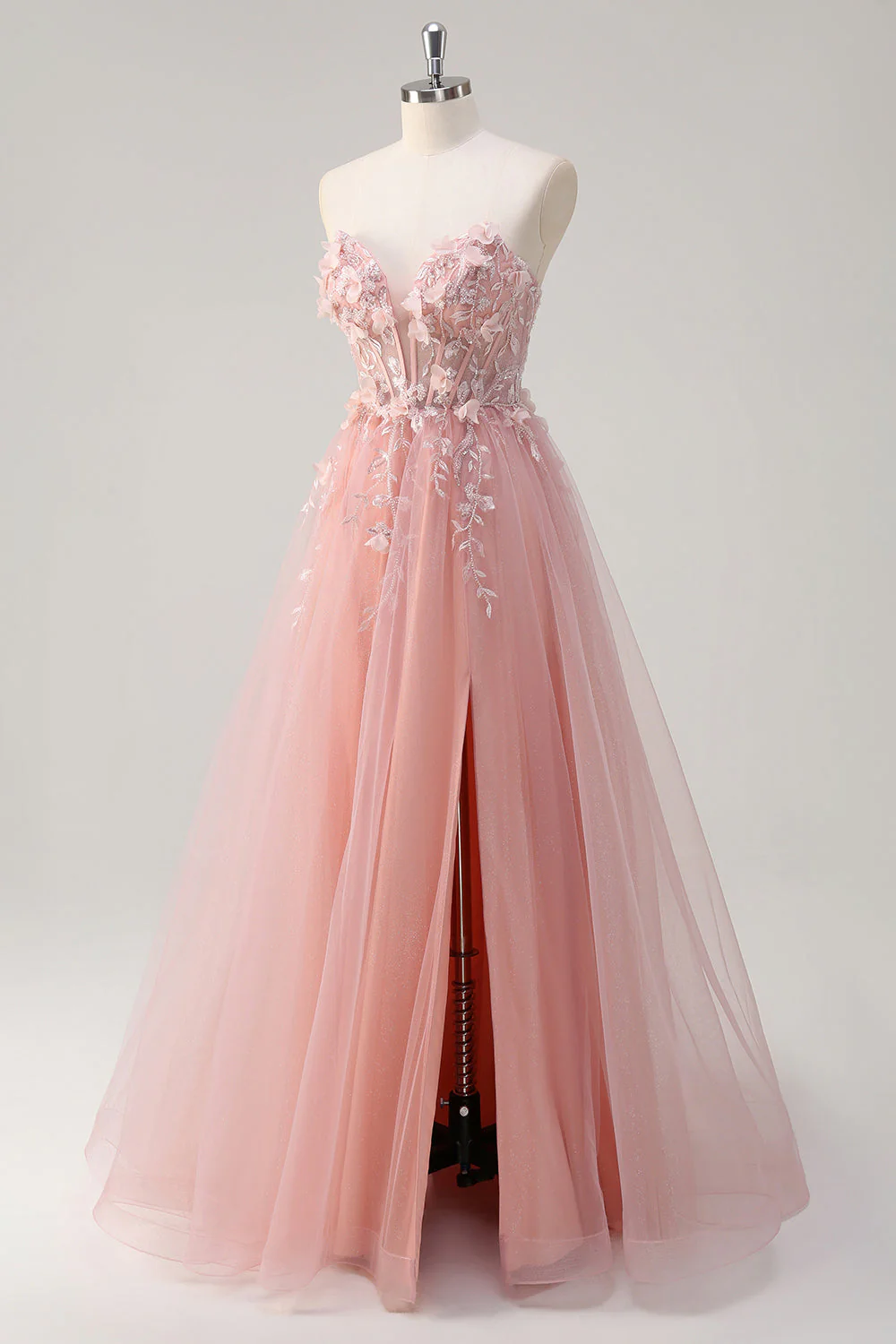 Robe de bal longue en tulle corset à fleurs trapèze rose scintillant avec fente - Image 3