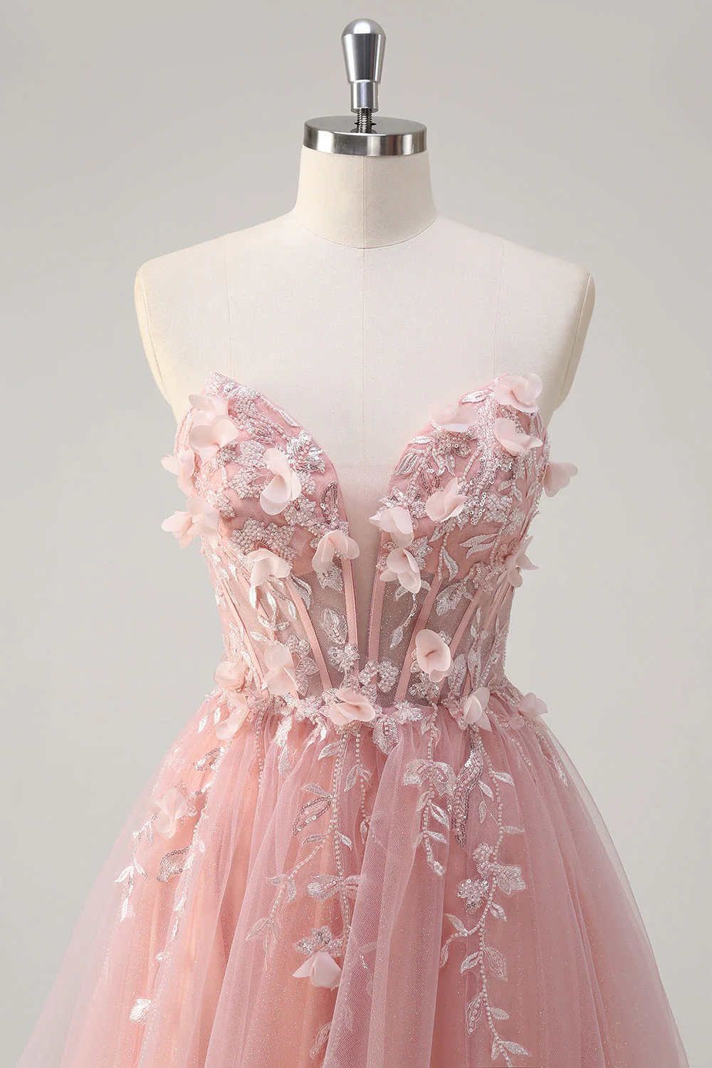 Robe de bal longue en tulle corset à fleurs trapèze rose scintillant avec fente - Image 4