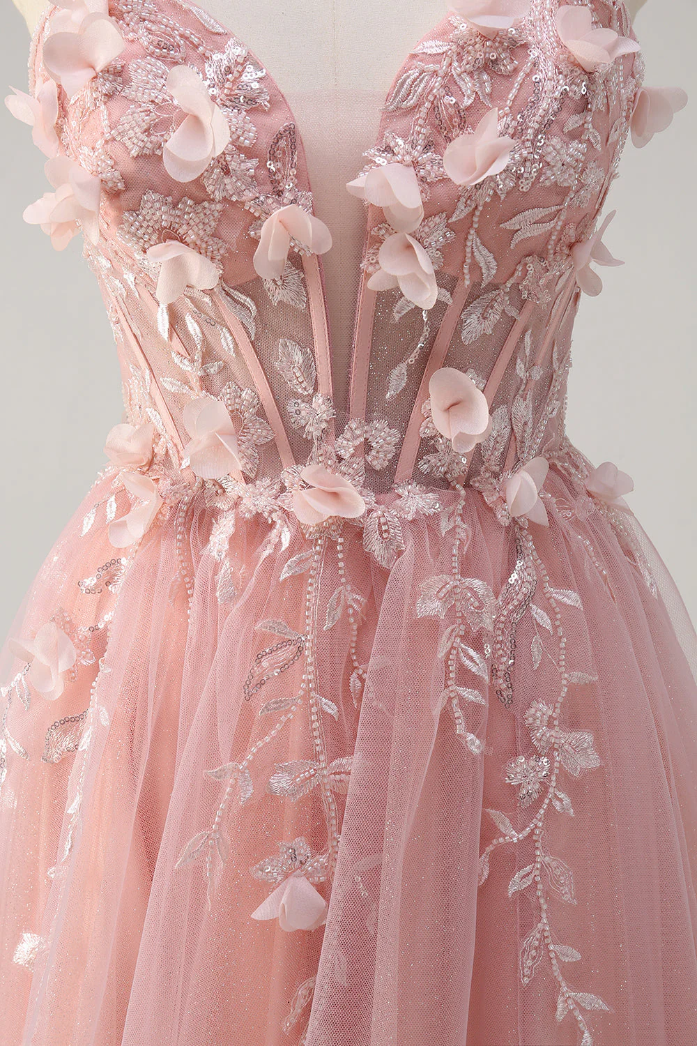 Robe de bal longue en tulle corset à fleurs trapèze rose scintillant avec fente - Image 7
