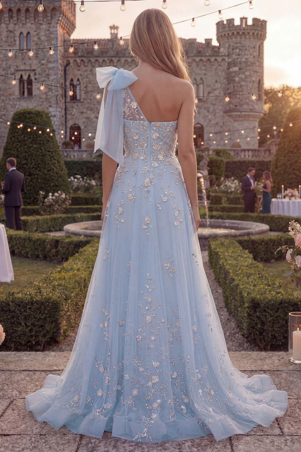Robe de bal longue en tulle perlé à un nœud en ligne en A bleu scintillant avec des appliques - Image 2