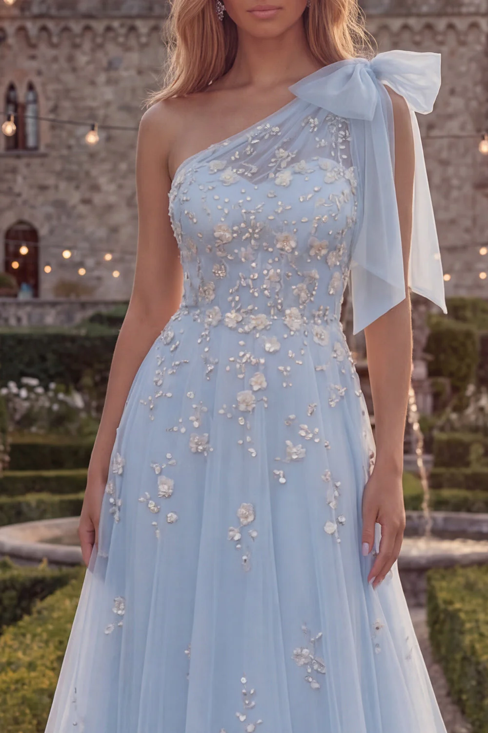 Robe de bal longue en tulle perlé à un nœud en ligne en A bleu scintillant avec des appliques - Image 3