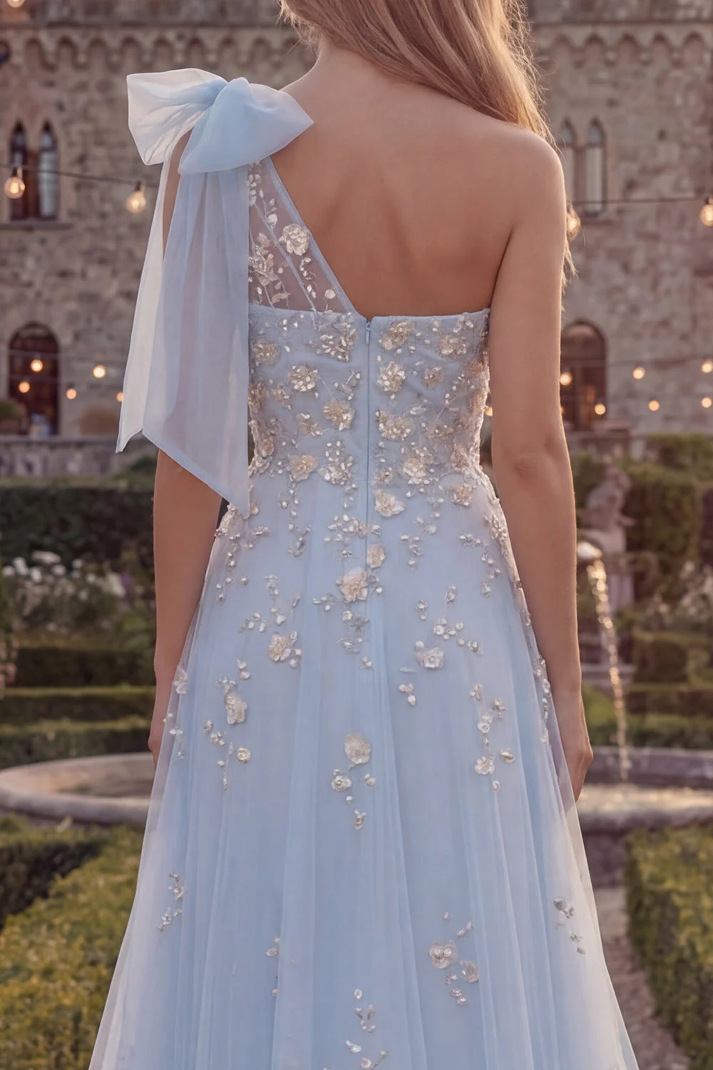 Robe de bal longue en tulle perlé à un nœud en ligne en A bleu scintillant avec des appliques - Image 4